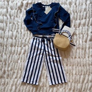 3T Max Studio: Navy Ruffle Sweatshirt with Striped Wide-Leg Pants Set